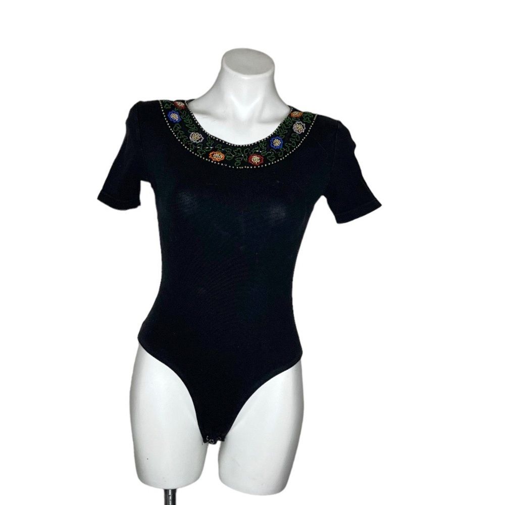 OLEG CASSINI Black Bodysuit Bead Embellished Neckline Size Small VINTAGE